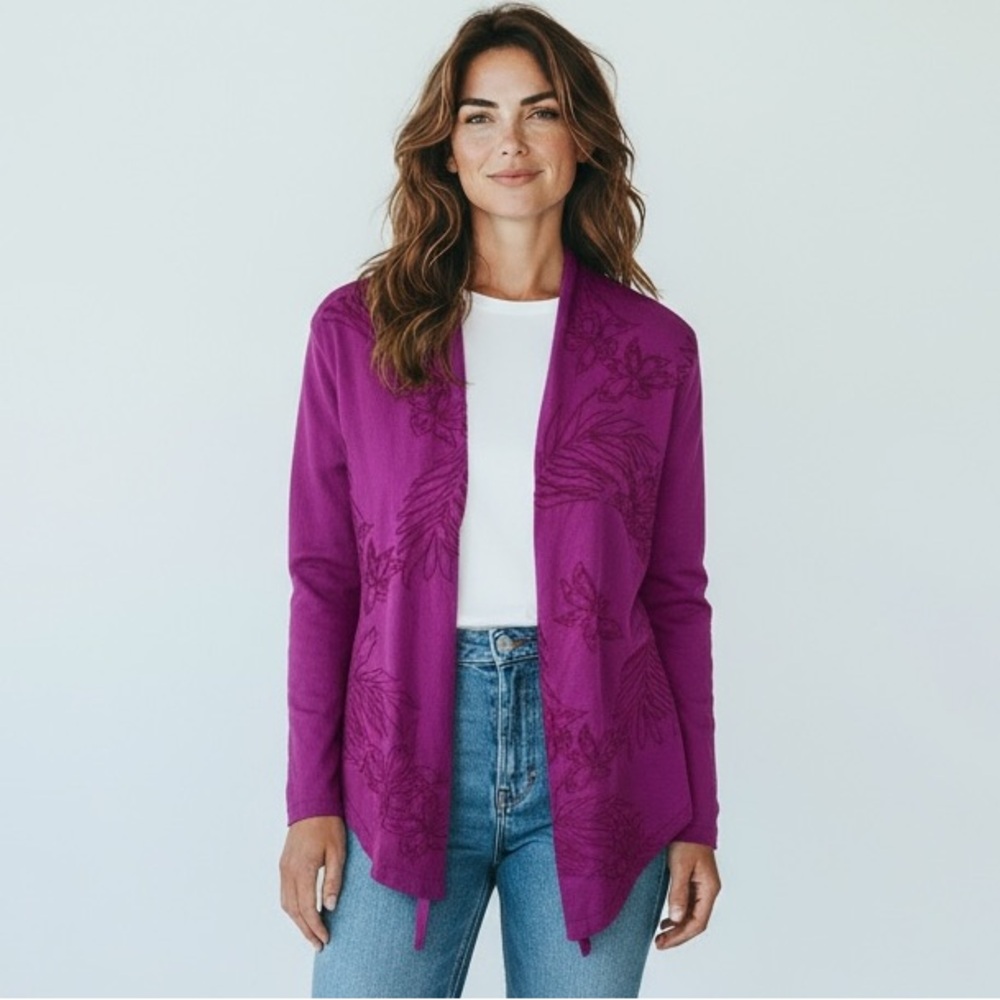 The Territory Ahead Women's M Open Jersey Knit‎ Cardigan Fuchsia Embroidered